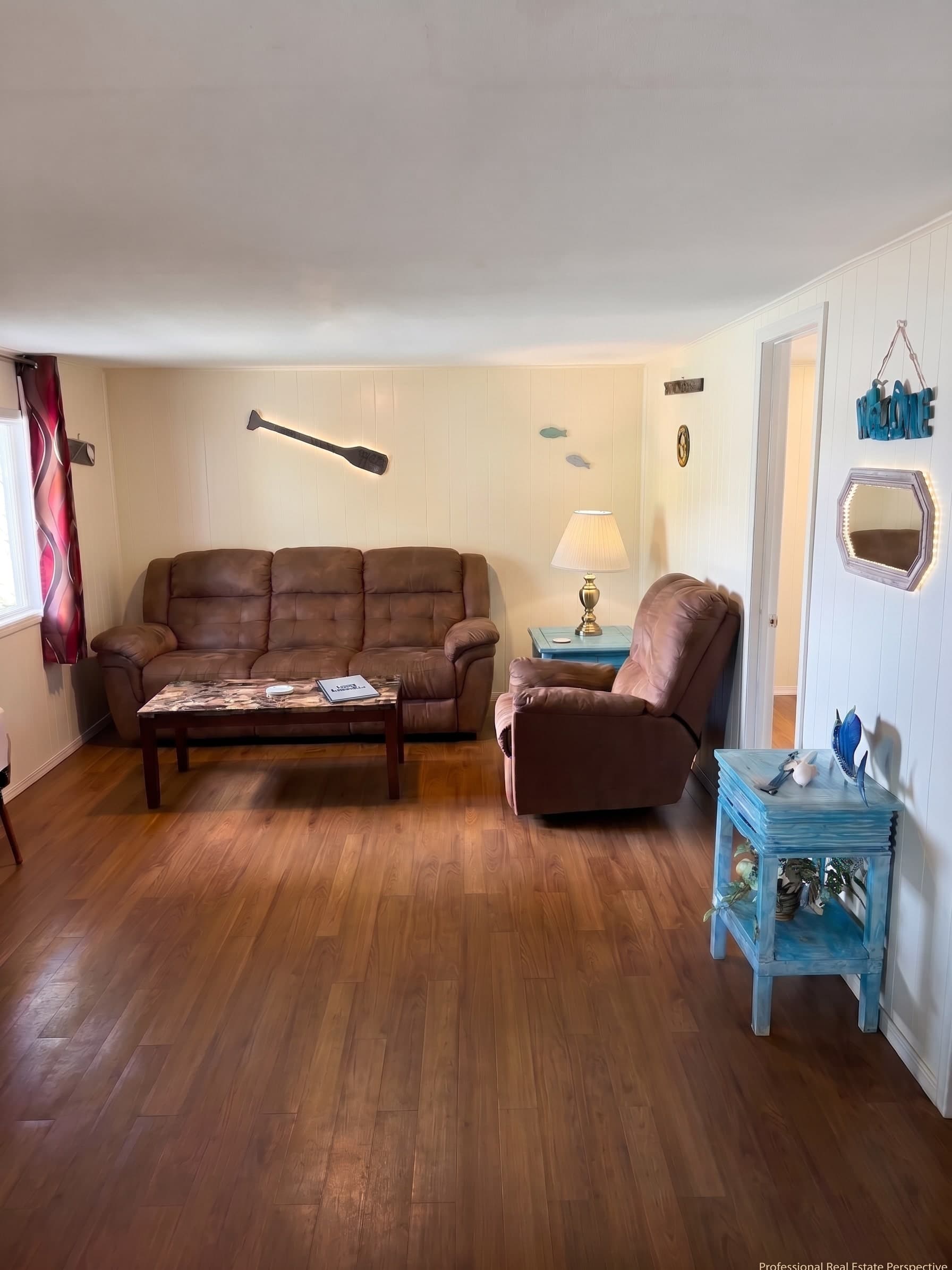 Cabin living room looking out toward the lake